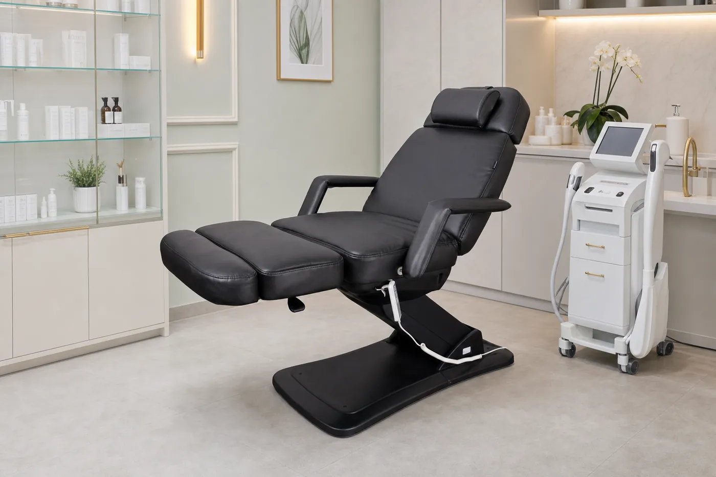 Czarny fotel COSY Plus w jasnym salonie kosmetycznym z miętową ścianą