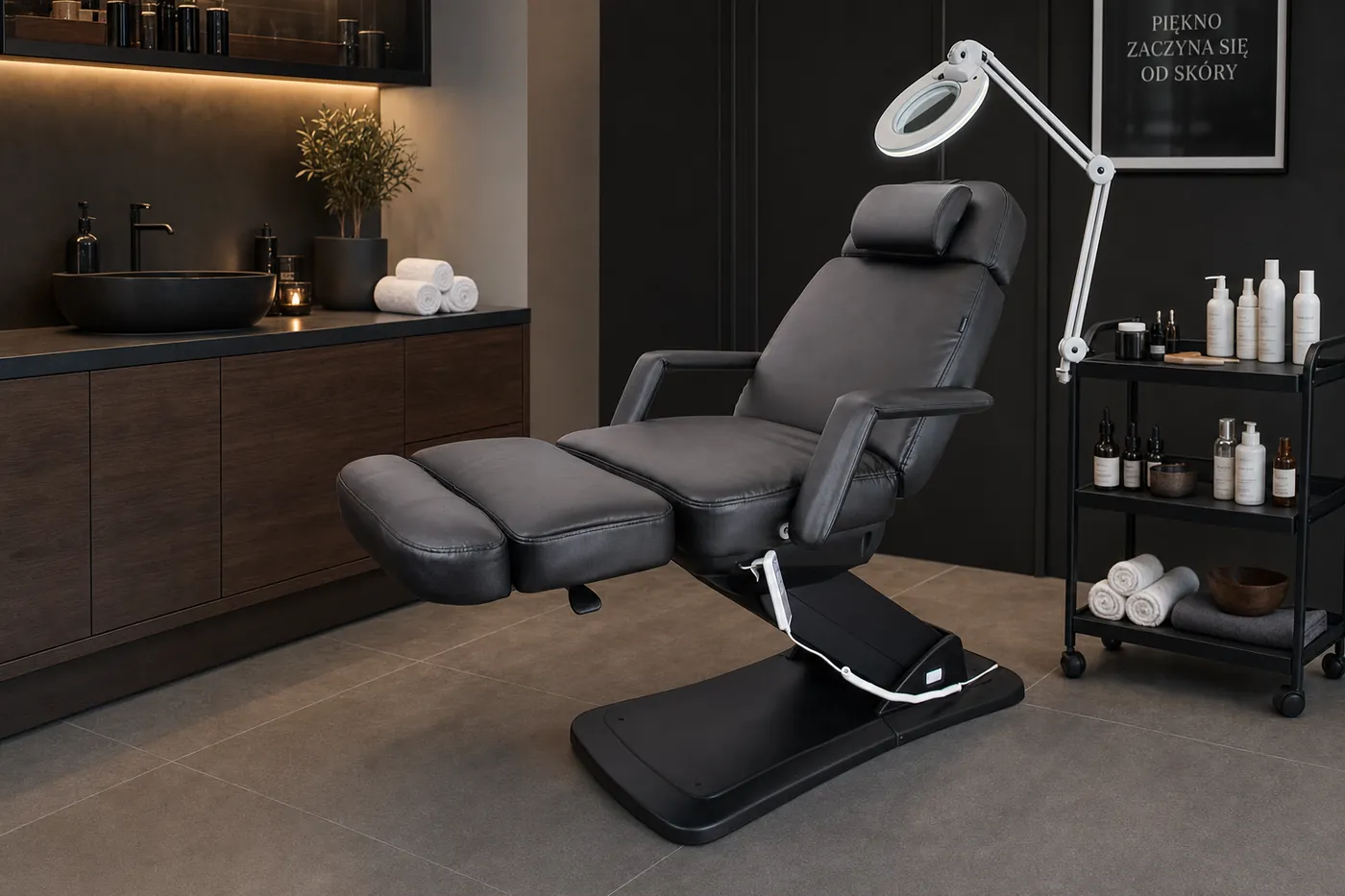 Czarny fotel COSY Plus w wieczornym gabinecie z lampą z lupą